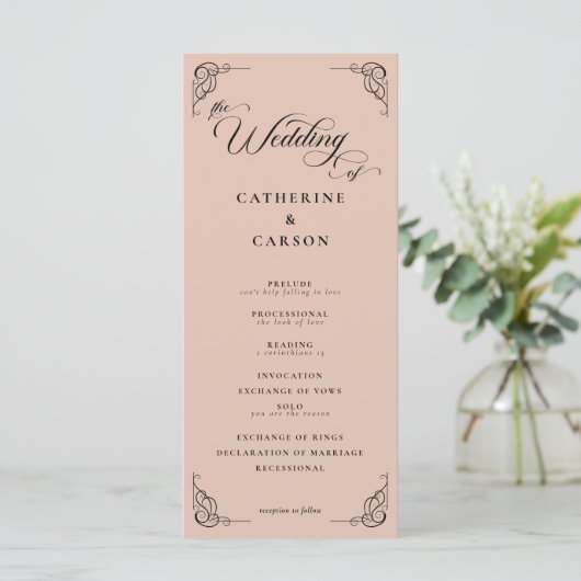 Beige & Black Calligraphy Script Wedding Program (Stehend Vorderseite)