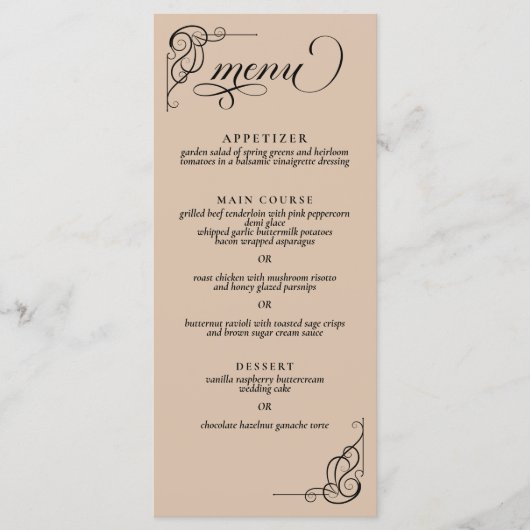 Beige & Black Calligraphy Wedding Reception Menu Menükarte (Vorderseite)