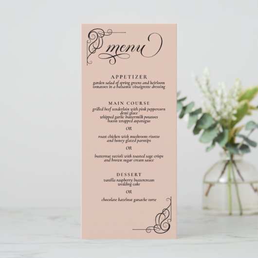 Beige & Black Calligraphy Wedding Reception Menu Menükarte (Stehend Vorderseite)
