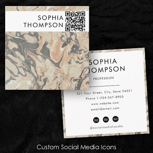 Beige Black Marble Abstrakt QR Code Social Media Quadratische Visitenkarte