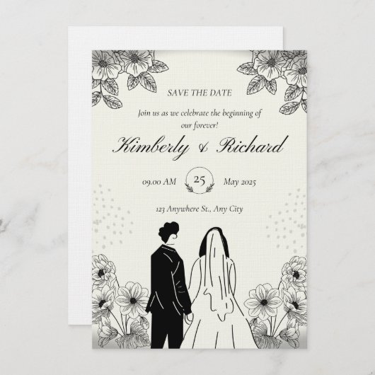 Beige Black Simple Illustation Wedding Invitation Einladung (Vorne/Hinten)