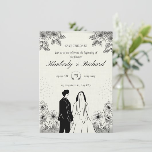 Beige Black Simple Illustation Wedding Invitation Einladung (Stehend Vorderseite)