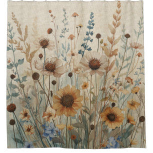 Beige Blau Braun Wilde Blume Duschvorhang