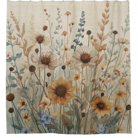 Beige Blau Braun Wilde Blume Duschvorhang (Vorderseite)