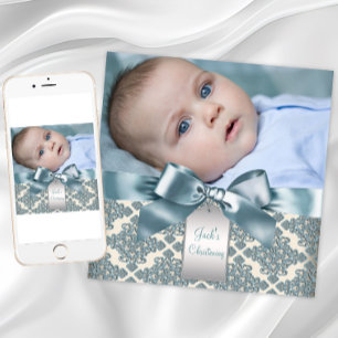 Beige Blue Damask Baby Boy Foto Christening Einladung