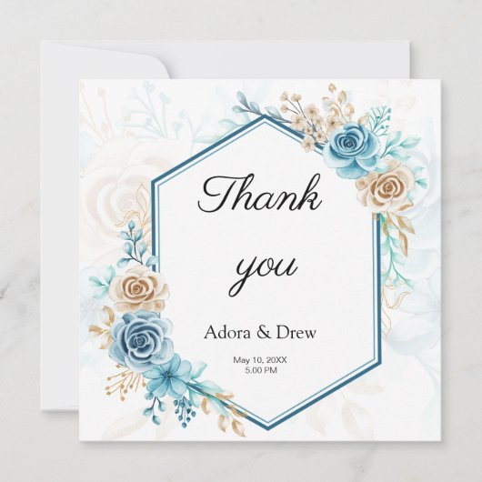 Beige blue Elegant Floral Wedding Dankeskarte (Vorderseite)