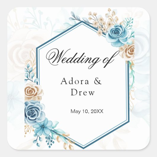 Beige blue Elegant Floral Wedding Quadratischer Aufkleber (Vorderseite)