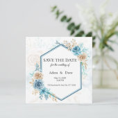 Beige blue Elegant Floral Wedding Save The Date (Stehend Vorderseite)