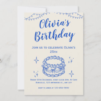 Beige Blue Illustration Birthday Einladung