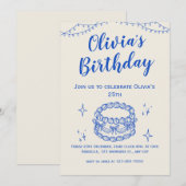 Beige Blue Illustration Birthday Einladung (Vorne/Hinten)