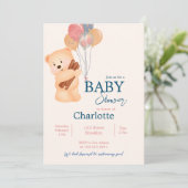 Beige Blue Niedlich Bear mit Balloons Baby Dusche Einladung (Stehend Vorderseite)