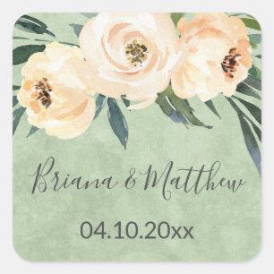 Beige Blumen Grüne Hochzeitsgeschenke Quadratischer Aufkleber