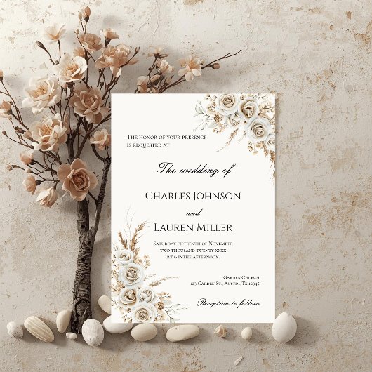 Beige Blumen Hochzeit Einladung