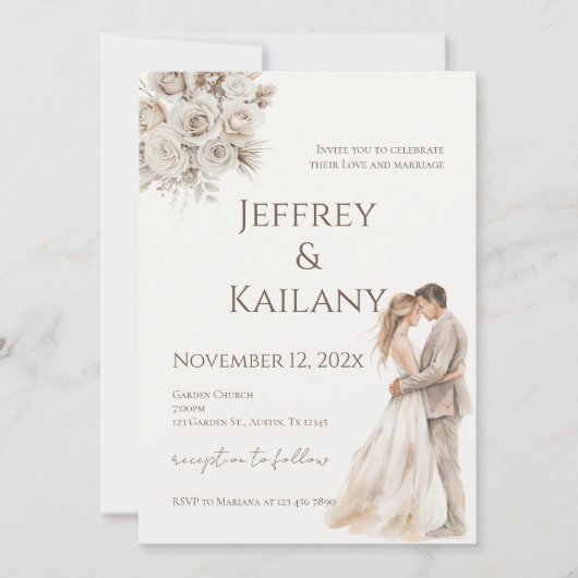Beige Blumen Hochzeit Einladung (Vorderseite)