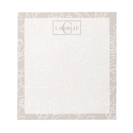 Beige Blumen Linienkunst, Individuelles Monogramm  Notizblock