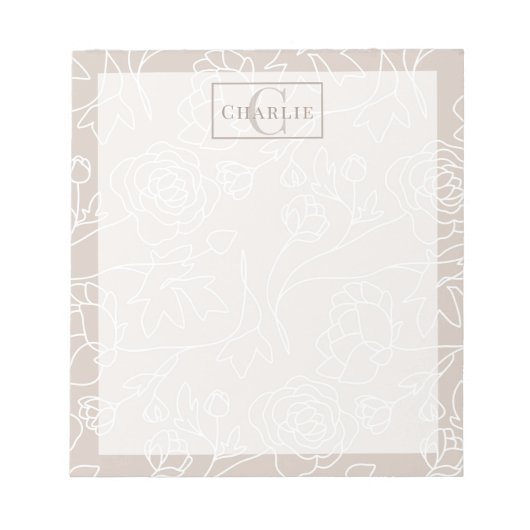 Beige Blumen Linienkunst, Individuelles Monogramm Notizblock (Vorderseite)