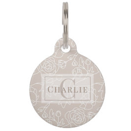 Beige Blumen Linienkunst | Personalisiertes Hund K Haustiermarke