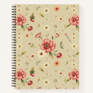 Beige-Blumen-Notizbuch mit Vintage-roten Blumen Notizblock