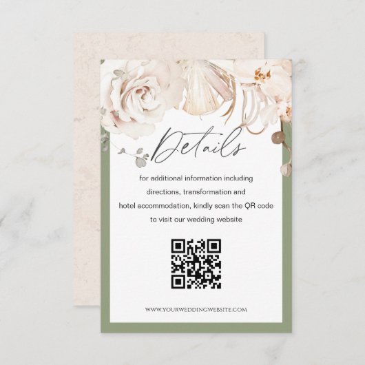 Beige Blumengarten Hochzeit QR Code Detail Karte (Vorne/Hinten)