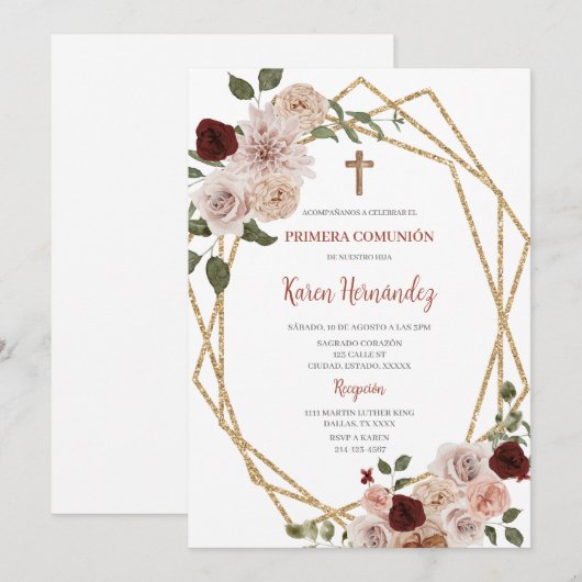 Beige Blumentaufe Spanische Einladung (Vorne/Hinten)