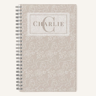 Beige Blumige Linienkunst, Individuelles Monogramm Notizblock