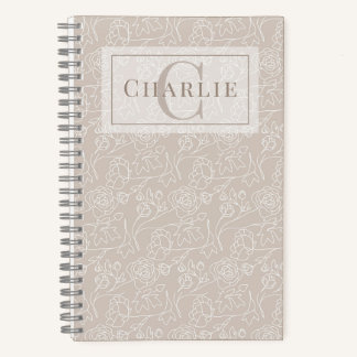 Beige Blumige Linienkunst, Individuelles Monogramm Notizblock