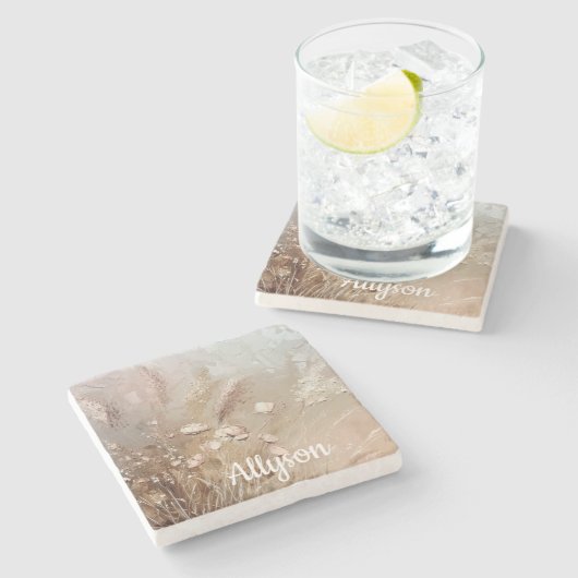 Beige Blush Boho Floral Steinuntersetzer (Seitenansicht)