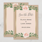 Beige Blush Floral Elegantes Script Gold Hochzeit Save The Date (Vorne/Hinten)