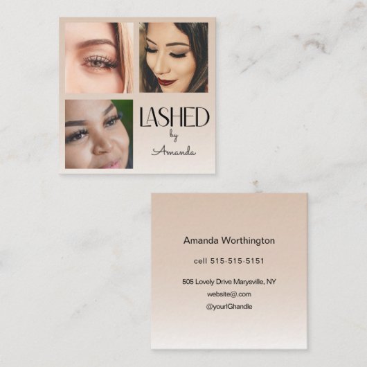 Beige Blush Lashed Minimalist Script Photo  Quadratische Visitenkarte (Vorne/Hinten)