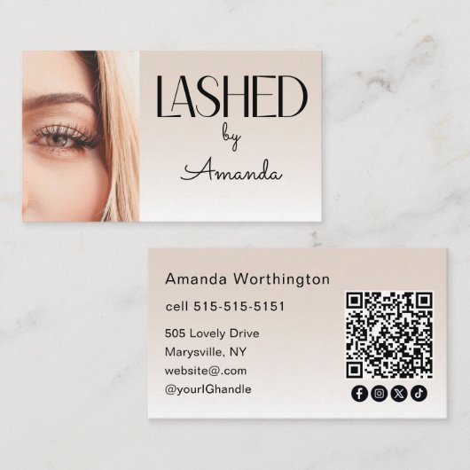 Beige Blush Lashed Photo QR Code Social Icons Visitenkarte (Vorne/Hinten)