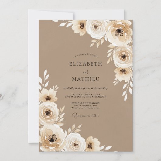 Beige Blüten-Rustical-Hochzeit Einladung (Vorderseite)