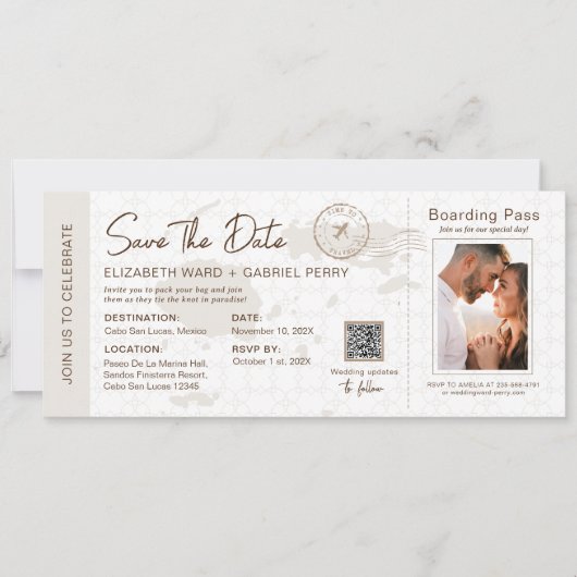 Beige Boarding Pass Hochzeit in Urlaubsort Fidschi Einladung (Vorderseite)