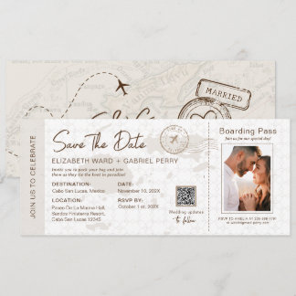 Beige Boarding Pass Hochzeit in Urlaubsort Fidschi Einladung