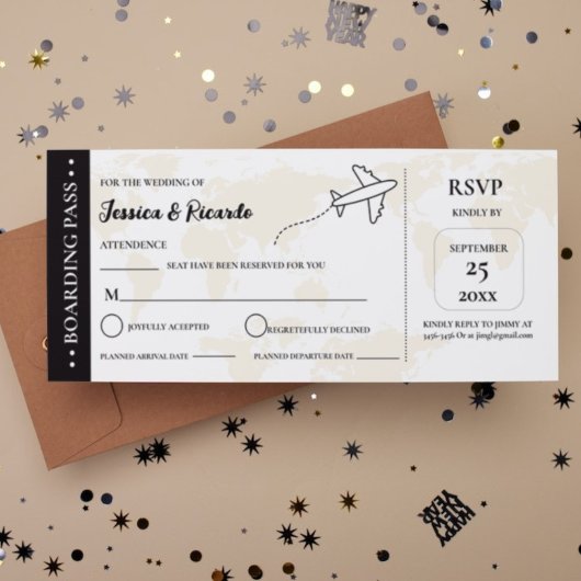 Beige Boarding Pass Hochzeit RSVP Gehäuse Karte