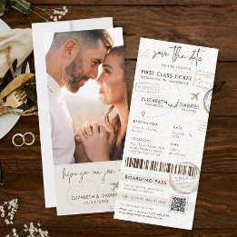 Beige Boarding Pass Zielort Foto Hochzeit Einladung