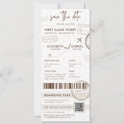 Beige Boarding Pass Zielort Foto Hochzeit Einladung (Vorderseite)