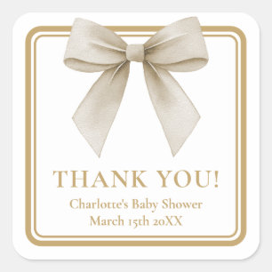 Beige-Bogen-Baby-Shower-Dankeschön-Gunstetikett Quadratischer Aufkleber