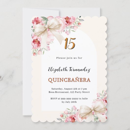 Beige Bogen rosa Blumenböden Bogen Quinceanera ges Einladung (Vorderseite)