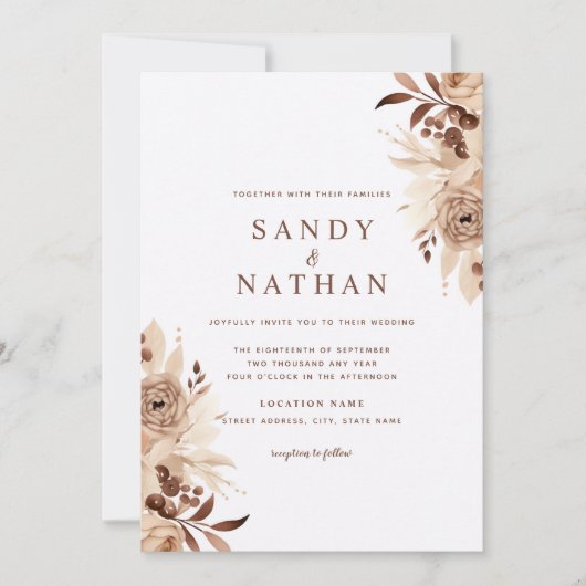 Beige Boho Floral Wedding Einladung (Vorderseite)