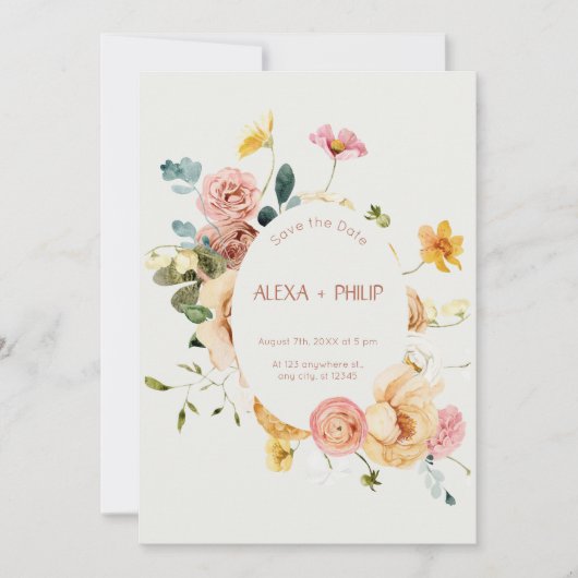 Beige Boho Floral Wedding Save the Date Einladung (Vorderseite)