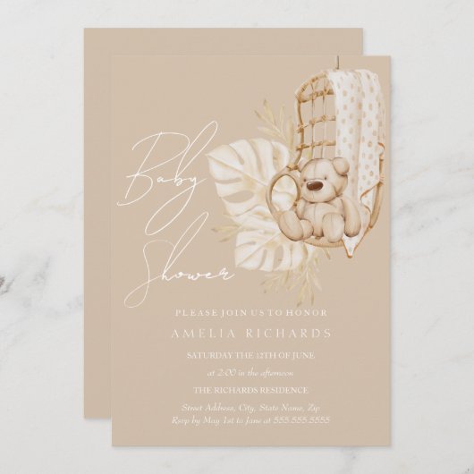Beige Boho Teddy Bear Neutral Baby Dusche Einladung (Vorne/Hinten)