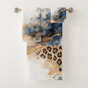 Beige Boho Tierprint, Gold Achat Gold Kunst Blau Badhandtuch Set