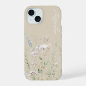 Beige Boho Watercolor Wildblumen iPhone 15 Hülle (Rückseite)