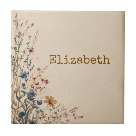 Beige Border Rustic Boho Wildblume Fliese (Vorderseite)