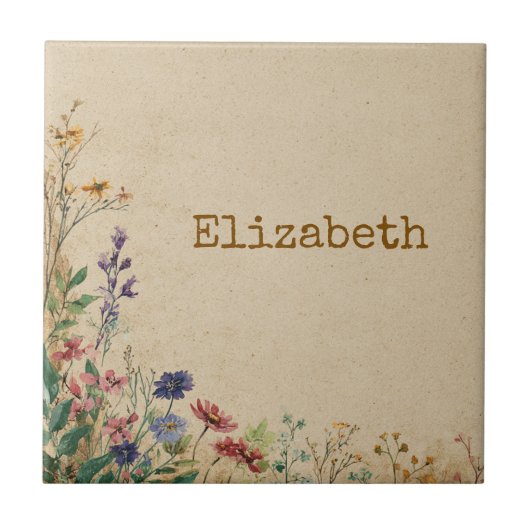 Beige Border Rustic Boho Wildblume Fliese (Vorderseite)
