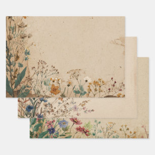 Beige Border Rustic Boho Wildblume Geschenkpapier Set