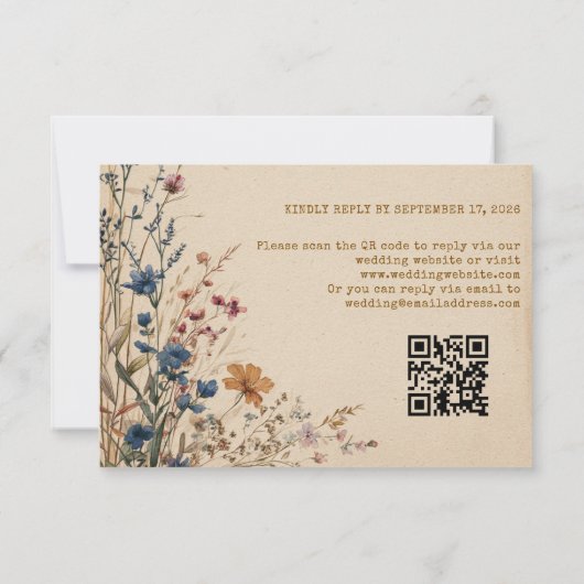 Beige Border Rustic Boho Wildblume QR Code RSVP Karte (Rückseite)