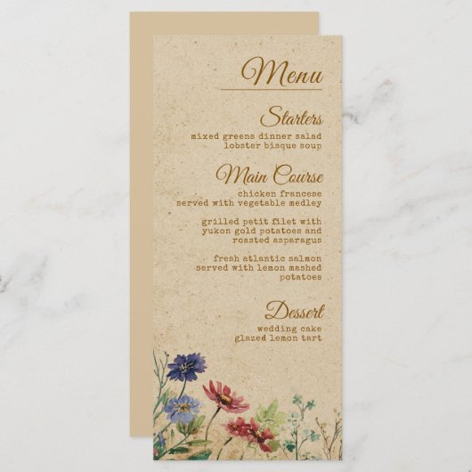 Beige Border Rustic Boho Wildblume Wedding Menükarte (Vorne/Hinten)