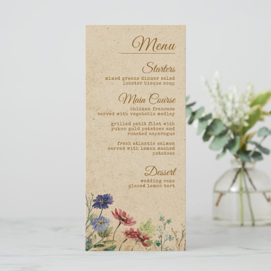 Beige Border Rustic Boho Wildblume Wedding Menükarte (Stehend Vorderseite)