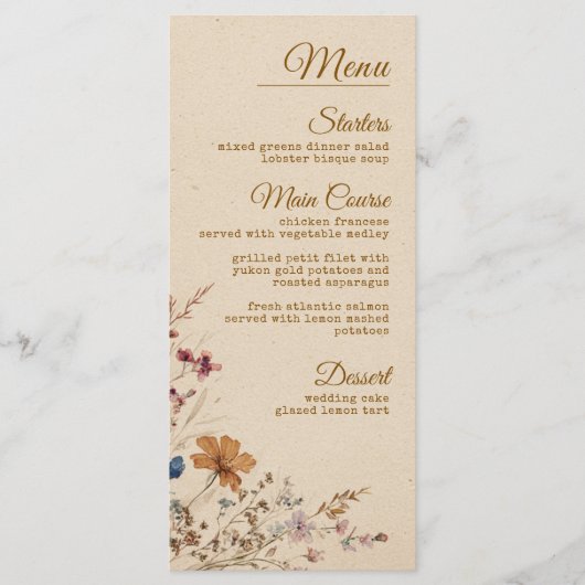 Beige Border Rustic Boho Wildblume Wedding Menükarte (Vorderseite)